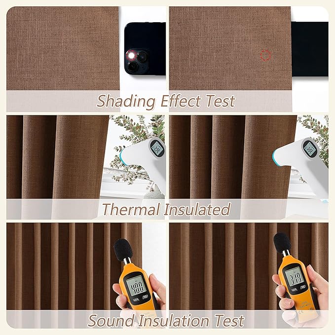 Guken 100% Blackout Linen Curtains 108 Inch Length 2 Panels Set for Living Room Bedroom Back Tab Thermal Insulated Black Out Linen Drapes Room Darkening Window Curtains,Caramel Brown