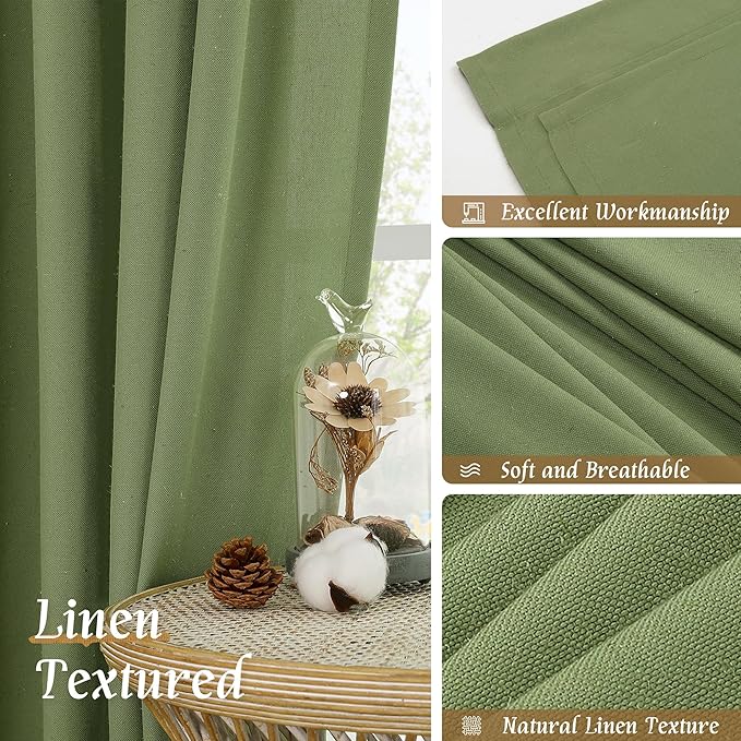 LAMIT Green Linen Curtains 63 inch Length for Bedroom, Faux Linen Light Filtering Window Treatments Neutral Rod Pocket Drapes for Living Room/Farmhouse, 2 Panels Set, 42 x 63 Inch