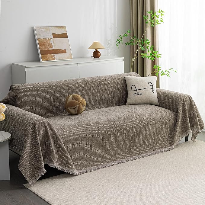 MYSKY HOME Boho Couch Cover Sand Sofa Covers with Tassel Farmhouse Sofa Slipcover Simple Couch Protector for Dogs Chenille Sectional Couch Covers L Shaped Couch Cushion Covers, 71"x 134"
