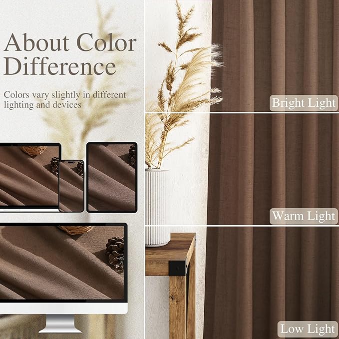 Caramel Brown Linen Curtains 84 Inches Long for Bedroom Back Tab Light Filtering Privacy Semi Sheer Drapes Modern Farmhouse Decor Cotton Textured for Living Room Curtain 2 Panels Set 52x84 Inch