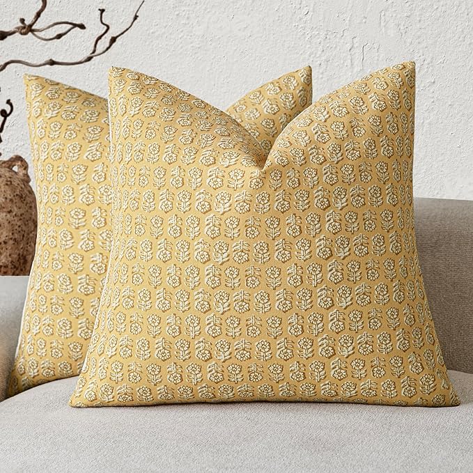 Foindtower Set of 2 Decorative Vintage Floral Print Throw Pillow Covers Neutral Modern Farmhouse Cushion Covers Boho Home Decor For Sofa Chair Couch Bedroom Living Room Outdoor,18×18 Inch,Light Yellow