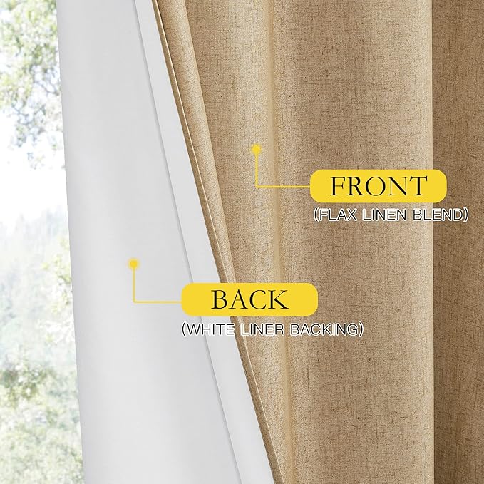 NICETOWN 100% Absolutely Blackout Linen Curtains with Thermal Insulated White Liner, Camel, W42 x L72, 2 Panels, Long Curtains 72 inch Length for Patio Door, Doorway, Office, Overnight Shiftworker