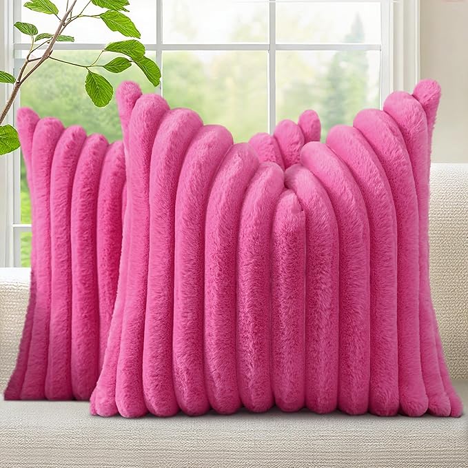 decorUhome Summer Cozy Faux Fur Throw Pillow Covers 20x20 Set of 2 Decorative Soft Plush Striped Modern Farmhouse Boho Couch Pillow Cases with Velvet Back for Sofa Bed Living Room, Hot Pink