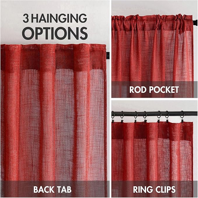 MIULEE Red Linen Curtains 90 Inch Long for Bedroom Living Room, Soft Thick Linen Textured Window Drapes Semi Sheer Light Filtering Rod Pocket Back Tab Christmas Burlap Look, 2 Panels