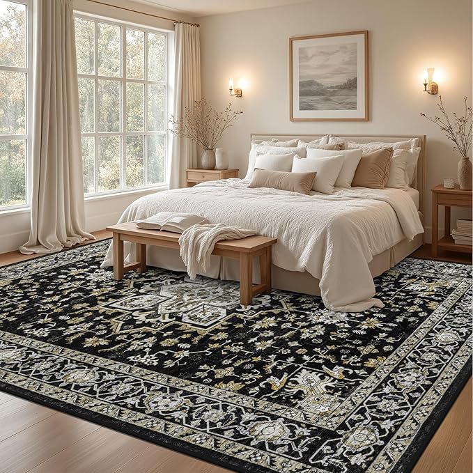 Area Rugs 9x12 Living Room Rug: Washable Rug Soft Vintage Boho Medallion Carpet Indoor Non-Slip Stain Resistant Large Carpets for Bedroom Dining Room Farmhouse Nursery Home Office Black Gold