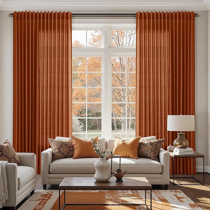 Nanspring Rust Linen Curtains for Living Room 72 Inches Long Light Filtering Semi Sheer Curtain Back Tab and Rod Pocket Vintage Rustic Luxury Home Decor Drapes for Bedroom Office 52x72, 2 Panels