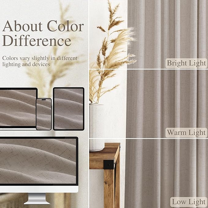 Nanspring Stone Beige Linen Curtains 84 Inches Long for Living Room Light Filtering Semi Sheer Curtain Back Tab Simple Modern Elegant Farmhouse Luxury Drapes for Bedroom Office 52x84,2 Panels