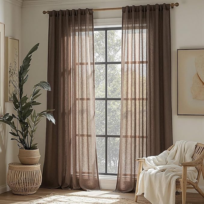 MYSKY HOME Dark Brown Curtains for Beroom Liivng Room 84 Inch Length 2 Panels Set, Semi Sheer Soft Touch Light Filtering Drapes for Sliding Glass Door Farmhouse Boho Curtain, 50" Wide, 2 PCs