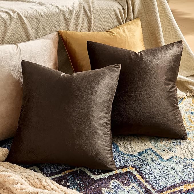 GIGIZAZA Brown Velvet Pillow Covers 22x22,Square Solid Throw Pillow Covers Decorative Modern Pillows Big Vintage Cases for Couch Pack of 2