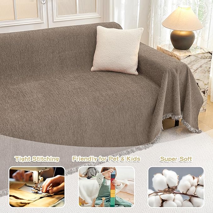 MYSKY HOME Couch Cover for Dogs Washable Couch Covers Couch Covers for Sofa Couch Cover 2 Cushion Sofa Non Slip Dogs Furniture Protector with Tassels Chenille Sofa Covers for Pets, 71"x102", Sand