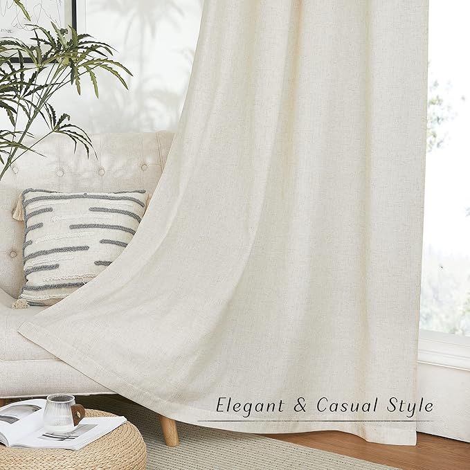 NICETOWN Linen Curtains for Windows 90 inch Long, Grommet Semi Sheer Vertical Drapes Privacy Added with Light Filtering for Doorway/Living Room, Natural, W42 x L90, 2 Pieces