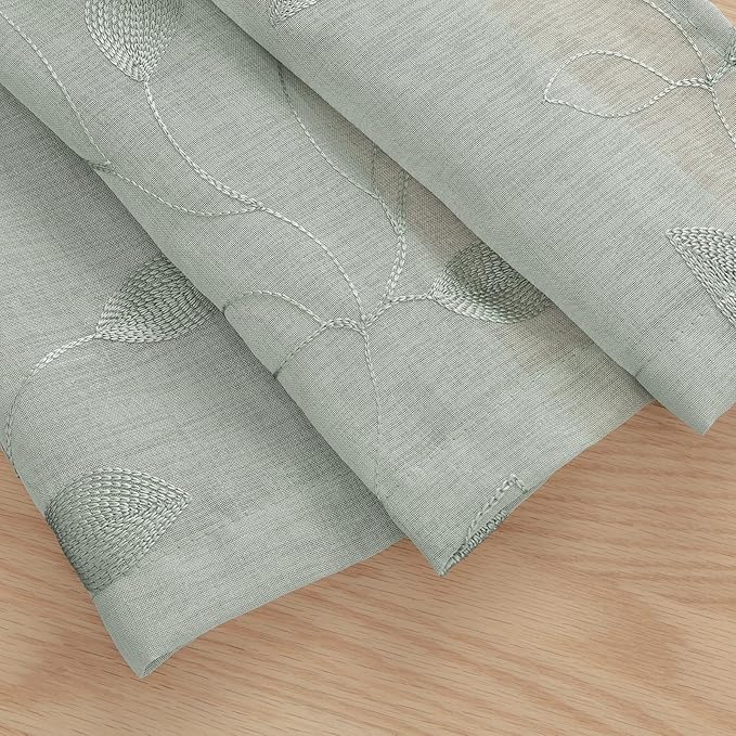 HOMEIDEAS Sage Green Sheer Curtains 52 x 54 Inch Length 2 Panels Embroidered Leaf Pattern Short Curtains for Bedroom Half Small Window Rod Pocket Kitchen