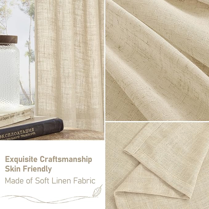 LAMIT Light Filtering Sheer Linen Curtains 102 inches Long, Linen Textured Semi Sheer Bronze Grommet Natural Boho Drapes for Living Room/Farmhouse, 2 Panels, Linen, 52 x 102 Inch