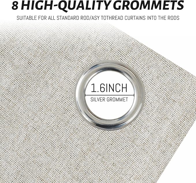 Yakamok Oatmeal Linen Curtains 100% Blackout 90 Inches Long,Room Darkening Textured Curtains for Living Room Thermal Grommet Bedroom Curtains 2 Panels with White Liner