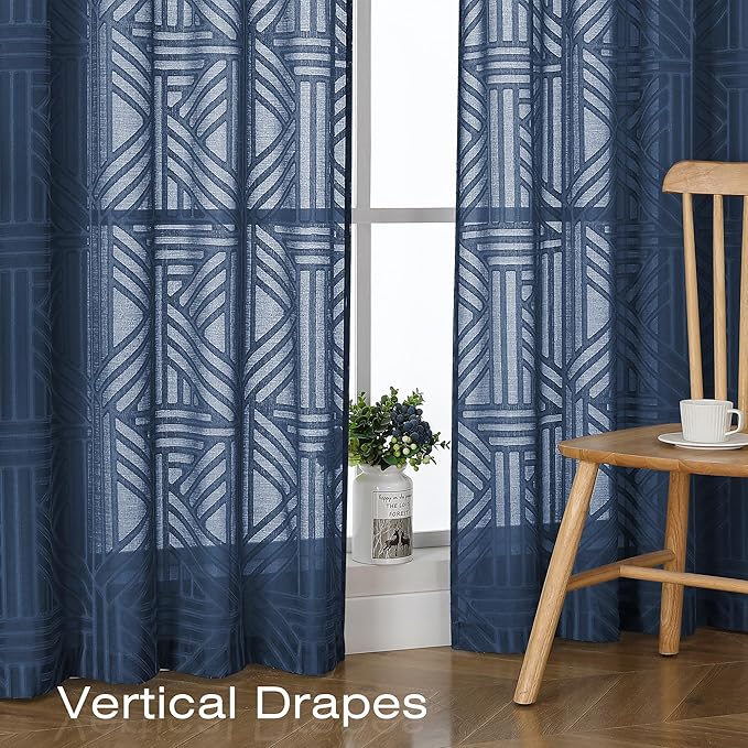 Simplebrand Navy Blue Sheer Kitchen Curtains 36 Inch Length Tier Curtains 2 Panels, Light Filtering Geometric Jacquard Clip Textured Semi Sheer Curtains Short Window Curtains for Bathroom, 42x36 inch