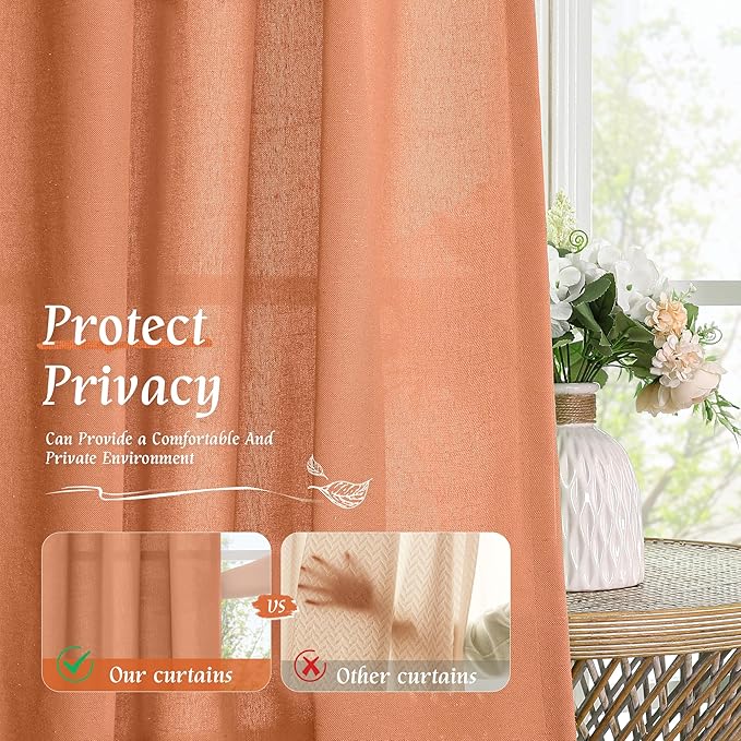 LAMIT Terracotta Linen Curtains 72 inches Long for Living Room, Soft Thick Semi Sheer Light Filtering Rod Pocket Window Treatments Fall Decor Drapes for Bedroom, 2 Panels Set, 52 x 72 Inch