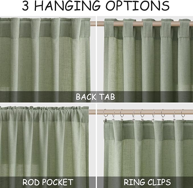 Light Sage Linen Curtains 108 Inches Long for Living Room 2 Panels Set Extra Long Back Tab Curtain Semi Sheer Light Filtering Sage Green Drapes Floor to Ceiling Drapes for Large Windows 52x108