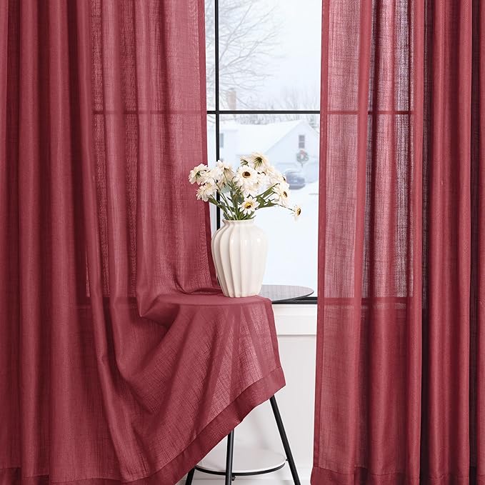 Burgundy Curtains for Living Room Back Tab Modern Farmhouse Semi Sheer Burgundy Curtains 84 inches Long 2 Panels Set Muted Neutral Window Curtain for Dining Room Bedroom 52x84