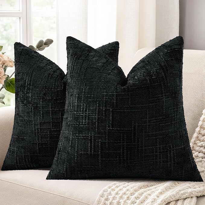 decorUhome Black Chenille Throw Pillow Covers 16x16 Set of 2 Textured Soft Cozy Slubby Couch Pillow Covers Modern Farmhouse Boho Decorative Pillow Cases for Bed Sofa Living Room