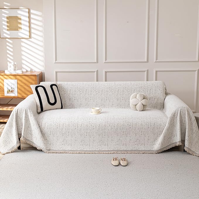 Couch Cover for Dogs, Boho Sofa Covers for 3 Cushion Couch, Chenille Slipcover for Pets Washable, L-Shape Sectional Couch Loveseat Cover Soft Throw Blankets with Tassels(71x102,Speckled Beige)
