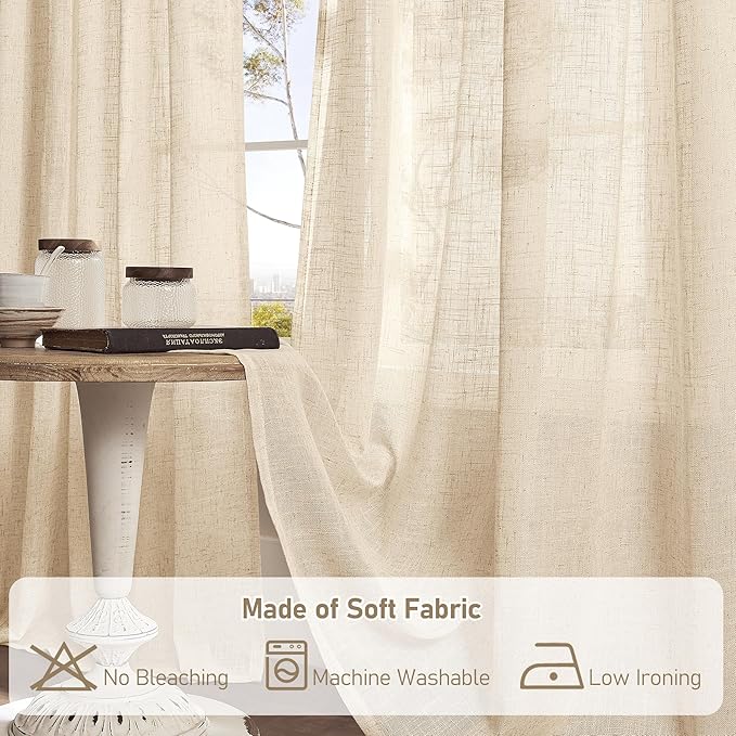 LAMIT Small Cafe Linen Curtains 36 Inches Long, Semi Sheer Light Filtering Panels Back Tab and Rod Pocket Small Cafe Drapes for Basement/Window/Loft Room, Linen, 2 Panels, 34 x 36 Inch