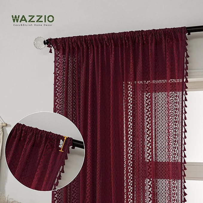 WAZZIO Boho Lace Curtains 63 Inches 2 Panel,Light Filtering Privacy Tassel & Geometry Crochet Semi Sheer Curtain Drapes for Bedroom Living Dining Room,Rod Pocket & Tassel,Burgundy Red