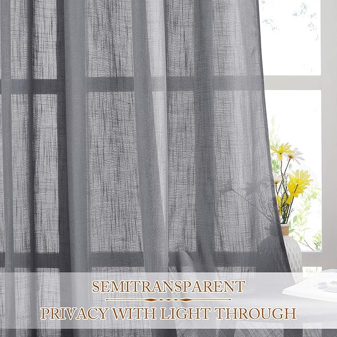 NICETOWN Bathroom Window Curtains 45 inch Length, Natural Linen Textured Rod Pocket & Back Tab Semi Sheer Short Curtains Privacy with Light Through for Bedroom/Living Room, 52" Wide, Grey