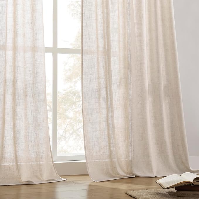 Joydeco Linen Curtains for Living Room,Semi Sheer Drapes Window Long Curtains 90 inches Long Pink Beige