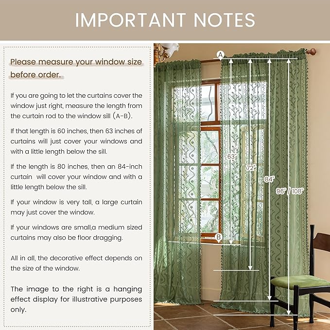 WAZZIO Boho Lace Curtains 2 Panels 84 Inches -Vintage Victorian Sheer Panel Drape French Country Floral Pattern & Tassel Light Filtering Privacy for Bedroom Dining Living Room,Dark Sage Green,W52x L84