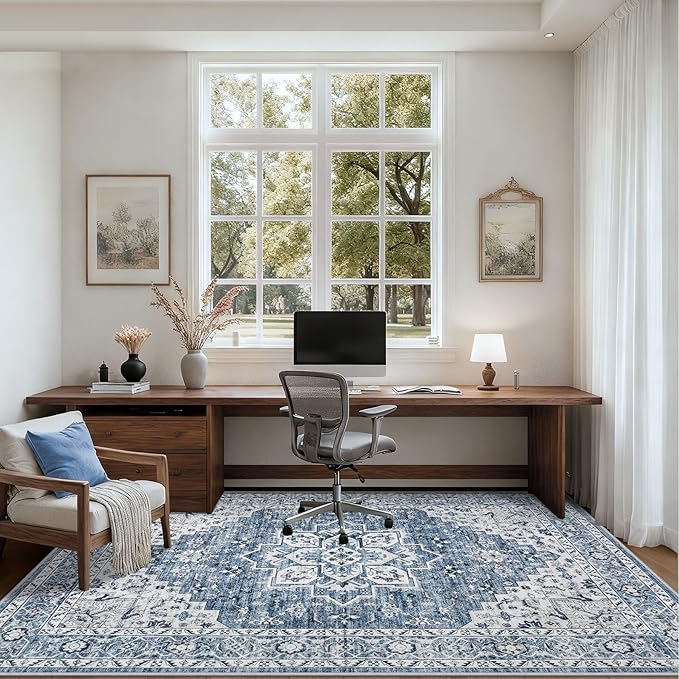 8x10 Area Rugs for Living Room: Washable Rug Soft Vintage Boho Medallion Carpet Indoor Floor Non-Slip Stain Resistant Large Carpets for Bedroom Dining Room Farmhouse Nursery Home Office Blue