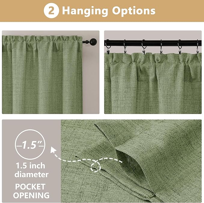 OVZME Green Valance for Windows, Light Filtering Faux Linen Textured Small Kitchen Valances for Windows, Dual Rod Pocket Farmhouse Short Curtain for Bathroom Basement, 60Wx22L inch, 1 Piece