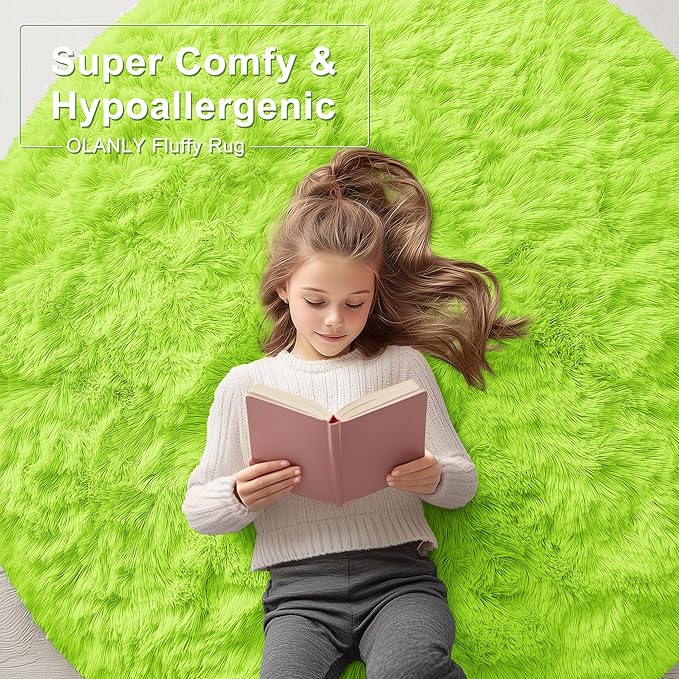 OLANLY Lime Green Round Rugs for Bedroom - Machine Washable, 9 ft Circle Area Rugs for Living Room, Soft and Fluffy Shaggy Carpet for Teen Girl and Boys, Nursery Rooms, Dorms, Home Decor Aesthetic
