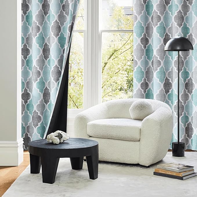 Beauoop 100% Blackout Curtains 96 Inches Long 2 Panels for Bedroom Living Room Aqua Grey Moroccan Geo Room Darkening Thermal Insulated Soundproof Grommet Top Window Treatments Drapes, 50x96 Set of 2