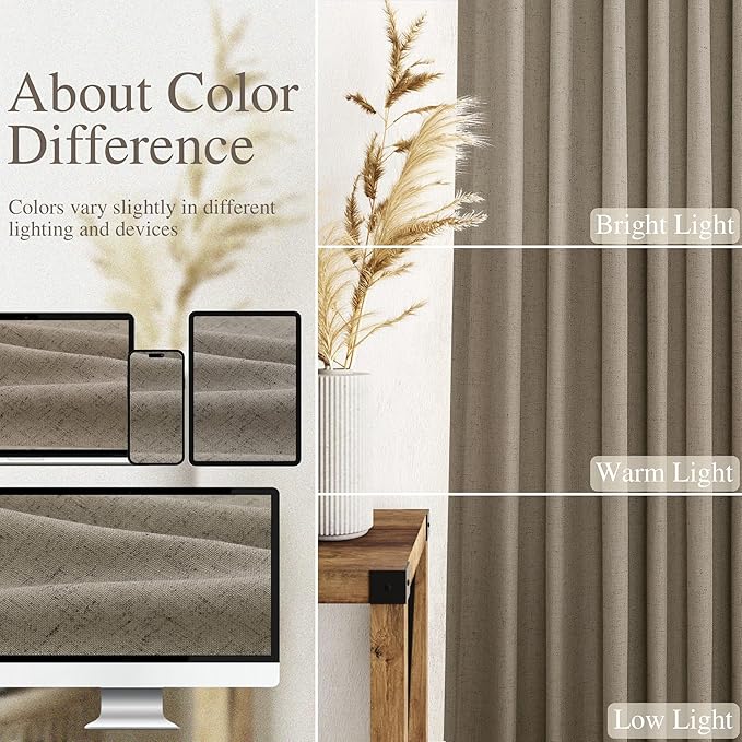 Extra Long Curtain 108 Inches Long 2 Panels Set Back Tab Mocha Linen Drapes for Living Room Neutral Farmhouse Light Filtering Semi Sheer Linen Curtains 108 Inch Length for Large Window 9 FT Tall