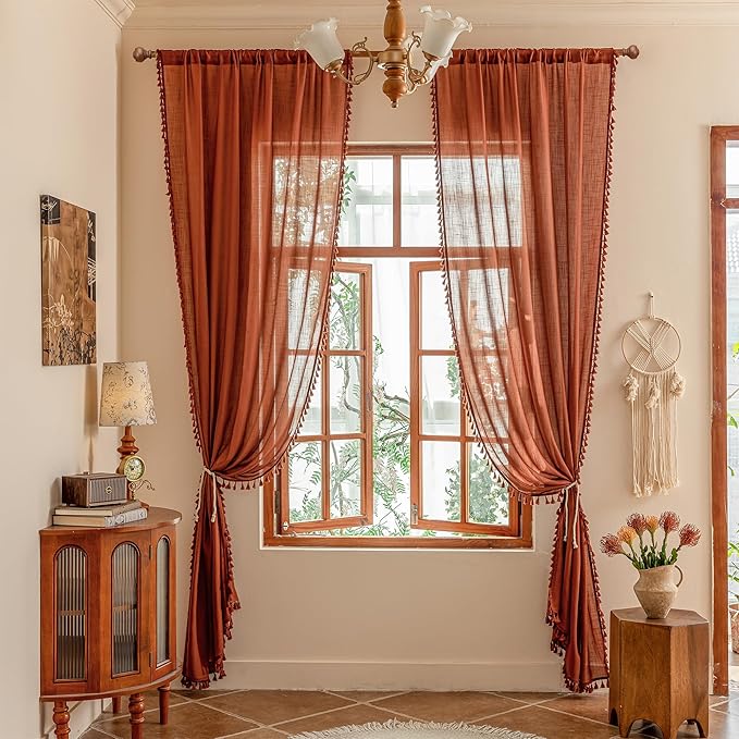 MYSKY HOME Boho Country Room Decor Long Curtains for Living Room,Light Filtering Privacy Protect Semi Sheer Macrame Curtains for Sliding Glass Patio Doorways, 50" x 90", Terracotta, 2 Panels