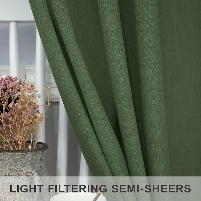 Pitalk Olive Green Curtains 63 Inch Length for Living Room 2 Panels Set Back Tab Rod Pocket Pleated Look Semi Sheer Linen Green Curtains for Bedroom Boho Decoration 52x63 in Long