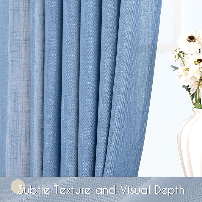 Denim Blue Curtains for Living Room Back Tab Modern Farmhouse Semi Sheer Blue Curtains 90 inches Long 2 Panels Set Muted Neutral Window Curtain for Dining Room Bedroom 52x90