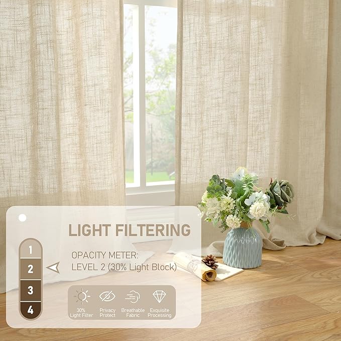 LAMIT Extra Wide Linen Curtains for Bedroom, Light Filtering Faux Linen Textured Panels Semi Sheer Back Tab and Rod Pocket Boho Drapes for Living Room, 2 Panels, Linen, 70 x 84 Inch
