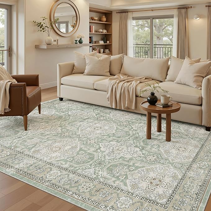Soalmost 5x7 Area Rugs Green/Brown Low Pile Indoor Washable Trendy Faded Style Rugs for Bedroom Living Room Dining Room Foldable Non-Slip Thin Print Home Office Mat