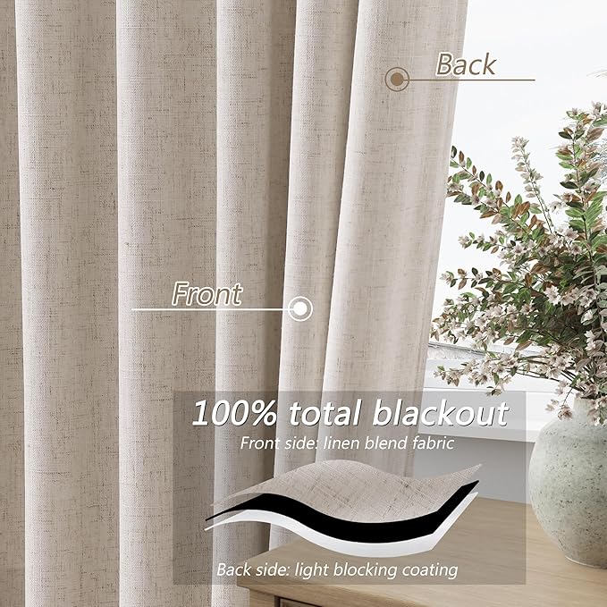 Guken 100% Blackout Curtains 120 Inch Length 2 Panels Set for Living Room Bedroom Back Tab Thermal Insulated Black Out Linen Drapes Room Darkening Window Curtains 120 Inches Long, Sand Beige
