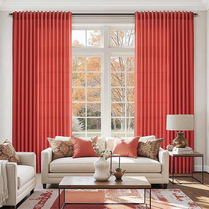 Nanspring Christmas Red Linen Curtains 84 Inch Length 2 Panels Set for Living Room Light Filtering Semi Sheer Curtain Back Tab Vintage Rustic Luxury Home Decor Neutral Drapes for Bedroom Office 52x84