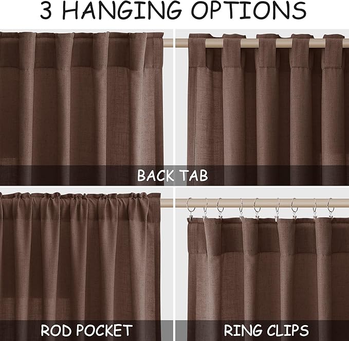 Nanspring Mocha Mousse Curtains 90 Inch Length 2 Panel Set Back Tab Rod Pocket Linen Boho Semi Sheer Light Filtering Neutral Farmhouse Decor for Living Room and Bedroom 52x90