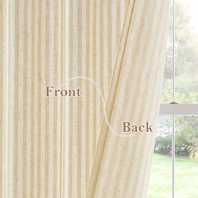 RYB HOME Kitchen Striped Curtains for Cafe Bathroom Small Window, Linen Pinstripe Drapes Valance 36 inch Length for Living Room Short Tier Boho Rustic Farmhouse, Yellow, W26 x L36, 2 Panels