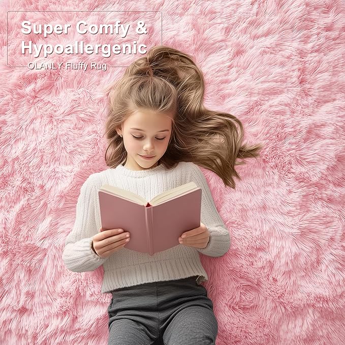 OLANLY 3x5 Machine Washable Small Bedside Rug, Soft Fluffy Shaggy Rugs for Living Room, Bedroom, Indoor Floor Carpet for Kids Girls and Boys, Preppy Dorms, Nursery, Home Decor Aesthetic, Pink