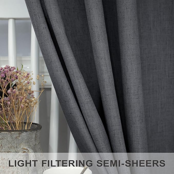 Dark Grey Curtains 84 Inch Length 2 Panels Set for Living Room Pleated Sheer Linen Light Filtering Modern Farmhouse Thick Privacy Floor Length Curtains Drapes 84 Inches Long for Bedroom Charcoal Gray