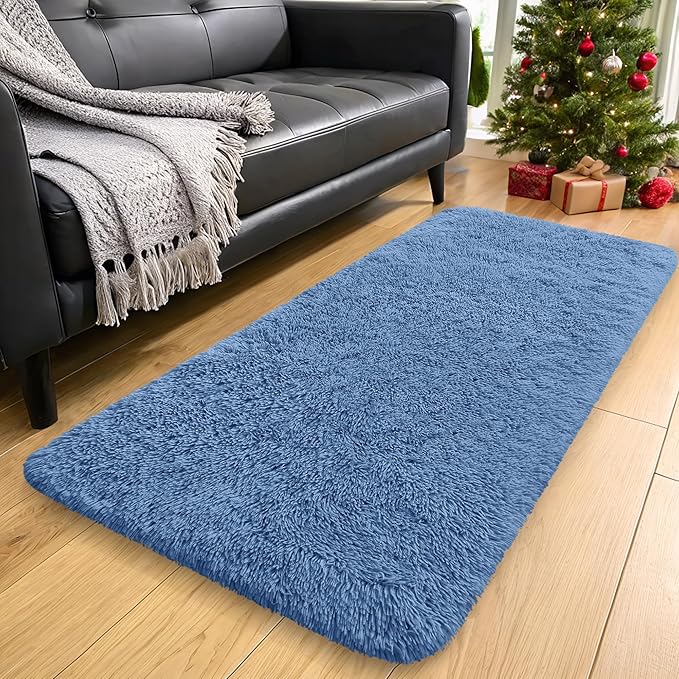 OLANLY 2x8 Machine Washable Runner Rugs for Hallway, Soft Fluffy Shaggy Bedside Rugs for Bedroom, Living Room, Indoor Floor Carpet for Kids Girls and Boys, Home Decor Aesthetic, Blue