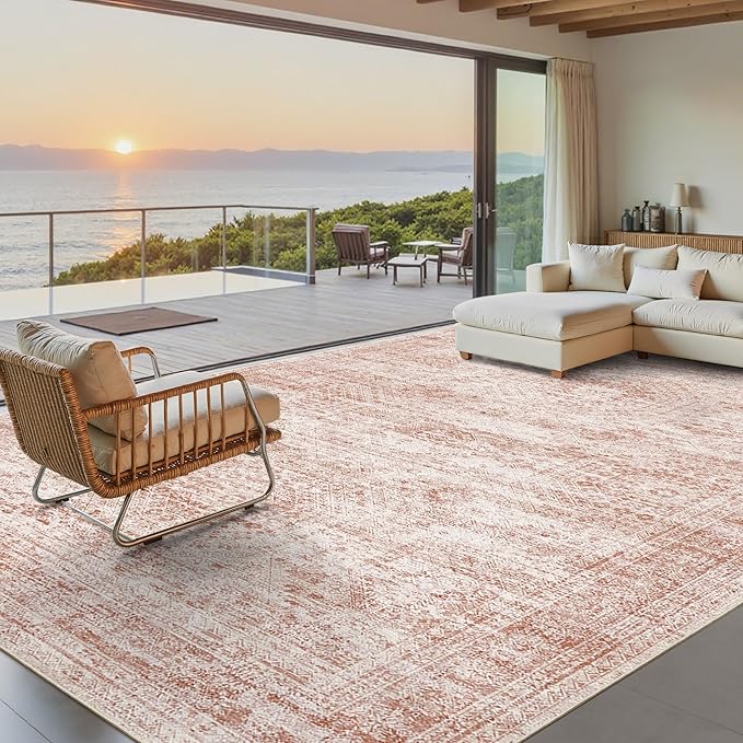 Washable Area Rug 8x10, Large Soft Rugs for Living Room Vintage Area Rugs for Bedroom Dining Room Non-Slip Stain Resistant Pink Under Table Rug