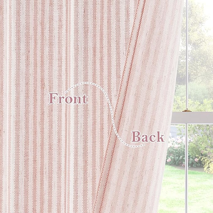 RYB HOME Linen Cafe Curtains 24 inch Length, Kitchen Farmhouse Striped Tier Curtains for Living Room Bathroom Tickingstripe Small Window Rustic Pinstripe Valances, Pink, W26 x L24, 2 Panels