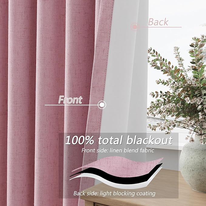 Guken 100% Blackout Curtains 84 Inch Length 2 Panels Set for Living Room Bedroom Back Tab Thermal Insulated Black Out Linen Drapes Room Darkening Rose,52x84