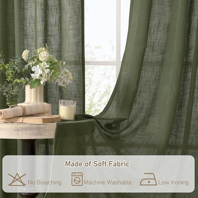 LAMIT Kitchen Semi Sheer Linen Curtains 24 Inch Long, Light Filtering Panels Back Tab and Rod Pocket Neutral Drapes for Cafe/Bathroom/Small Window, Olive Green, 2 Panels, 34 x 24 Inch